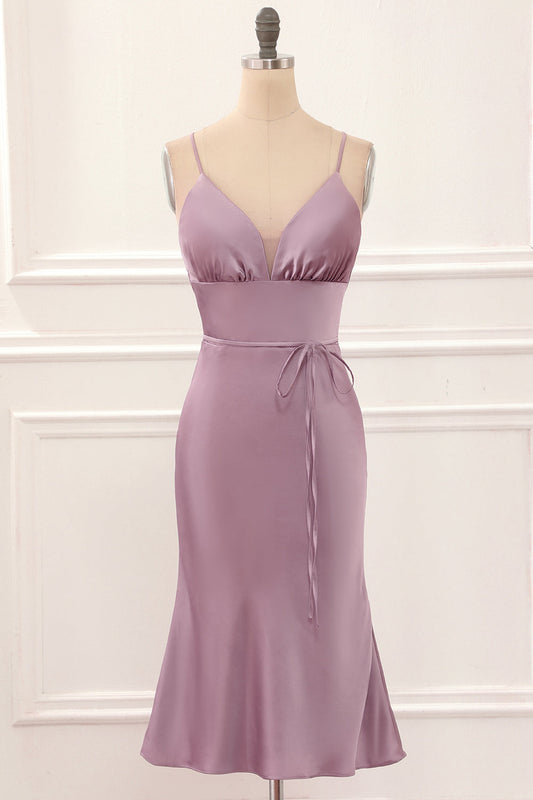 Vestido corto de dama de honor con tirantes finos de satén gris y rosa para fiesta de noche
