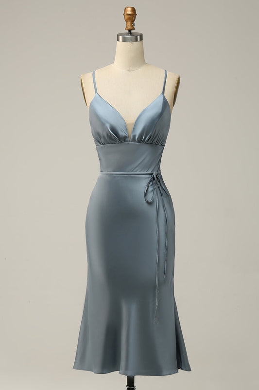 Spaghetti Straps Satin Blue Bridesmaid Dress Formal Evening Dresses