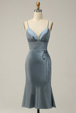 Spaghetti Straps Satin Blue Bridesmaid Dress Formal Evening Dresses