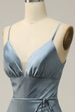 Spaghetti Straps Satin Blue Bridesmaid Dress Formal Evening Dresses
