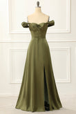 Grünes schulterfreies Satin-Abschlussballkleid, einfaches Abendkleid