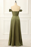 Grünes schulterfreies Satin-Abschlussballkleid, einfaches Abendkleid