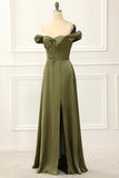 Grünes schulterfreies Satin-Abschlussballkleid, einfaches Abendkleid