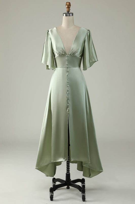 Vestido de dama de honor verde claro con escote en V profundo y media manga, estilo formal de noche