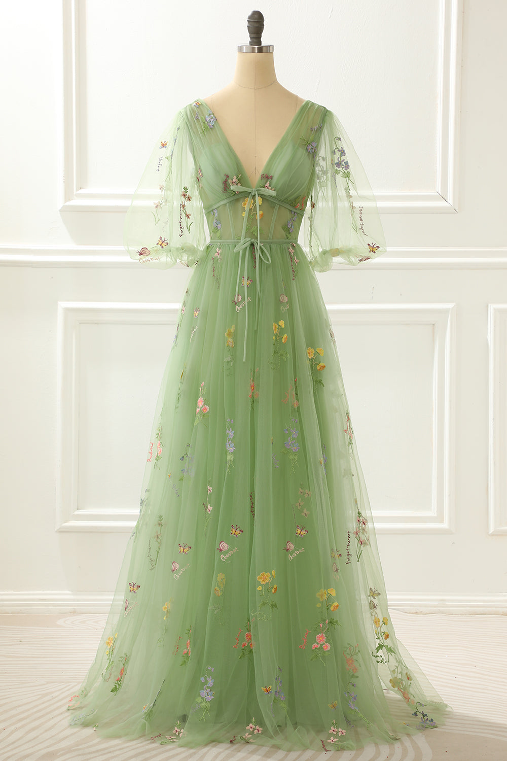 A-Linie Grünes Prinzessinnen-Ballkleid mit Stickerei Formelle Abendkleider