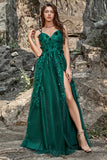 Vestido de fiesta de tul verde oscuro con apliques y corte A, vestidos de noche formales con encaje