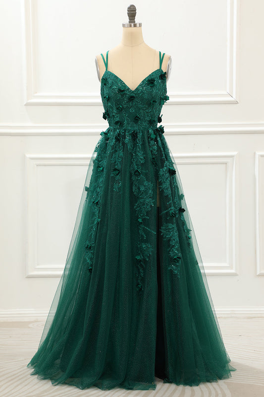 A-Linie Dunkelgrünes Tüll-Ballkleid mit Applikationen Formelle Abendkleider mit Spitze
