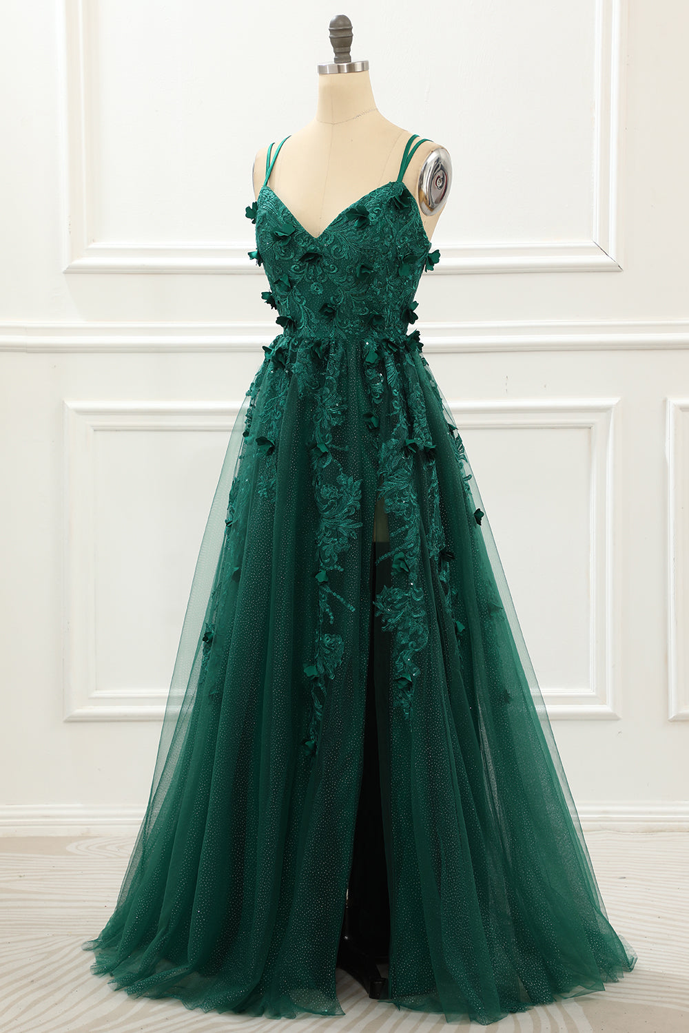 Vestido de fiesta de tul verde oscuro con apliques y corte A, vestidos de noche formales con encaje