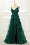 Vestido de fiesta de tul verde oscuro con apliques y corte A, vestidos de noche formales con encaje