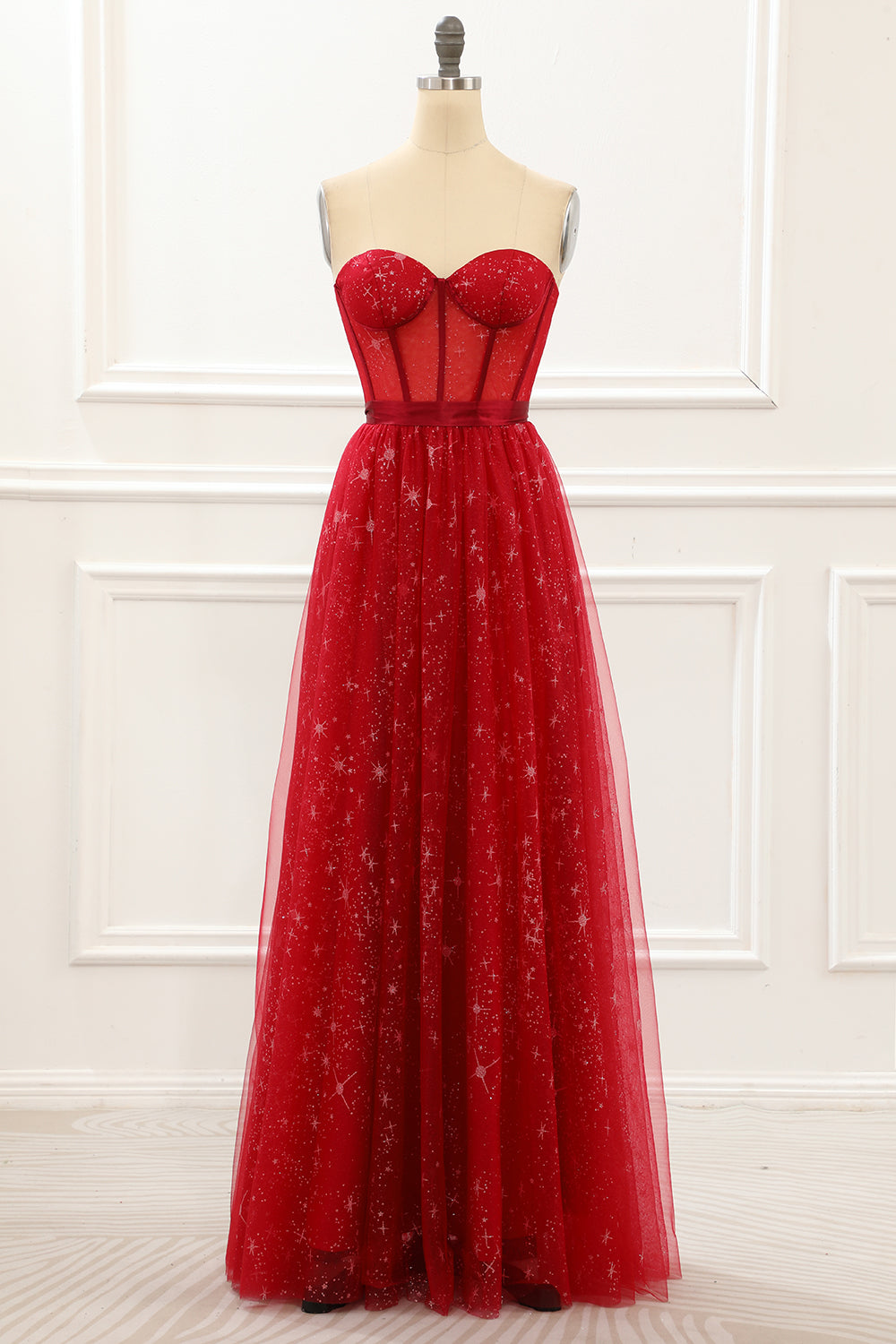 Strapless Red Tulle A Line Corset Prom Dress Formal Evening Dresses Gowns