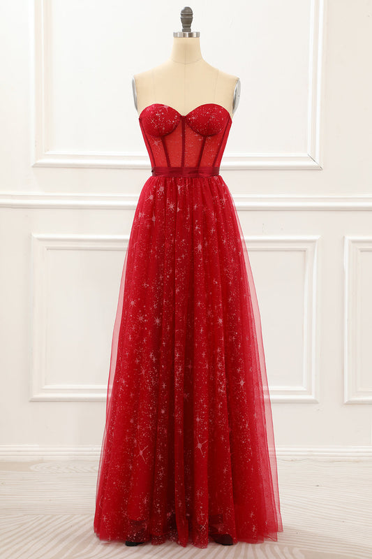 Strapless Red Tulle A Line Corset Prom Dress Formal Evening Dresses Gowns
