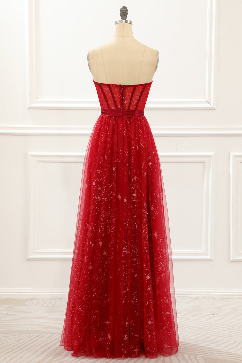 Strapless Red Tulle A Line Corset Prom Dress Formal Evening Dresses Gowns