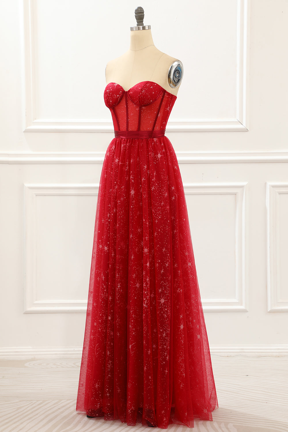 Strapless Red Tulle A Line Corset Prom Dress Formal Evening Dresses Gowns