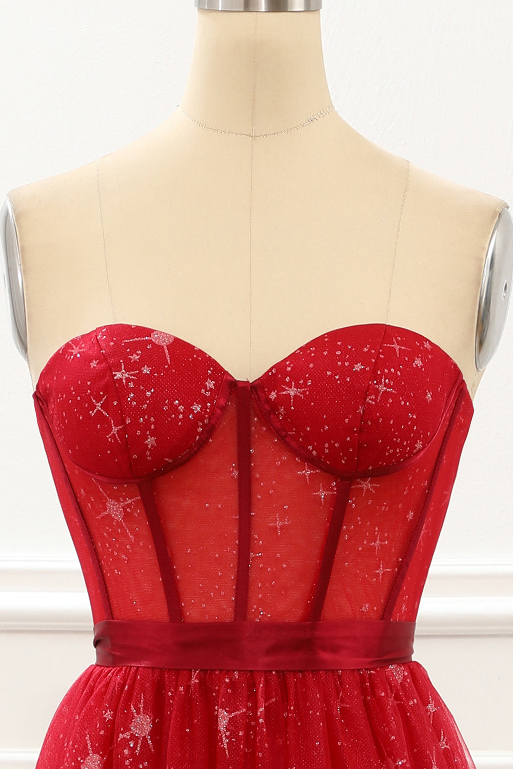 Strapless Red Tulle A Line Corset Prom Dress Formal Evening Dresses Gowns
