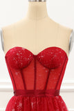 Strapless Red Tulle A Line Corset Prom Dress Formal Evening Dresses Gowns