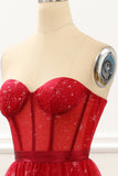Strapless Red Tulle A Line Corset Prom Dress Formal Evening Dresses Gowns