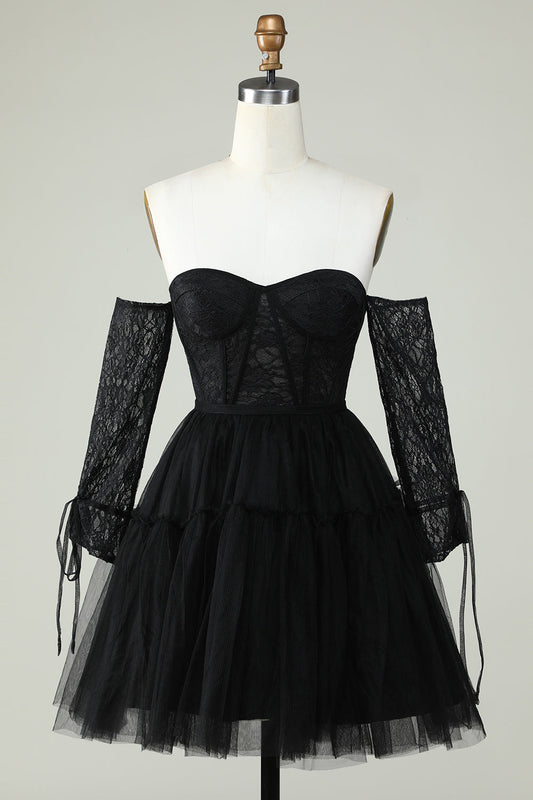 Vestido de fiesta con corsé negro, corte A y hombros descubiertos, con mangas largas de encaje, para cóctel y graduación