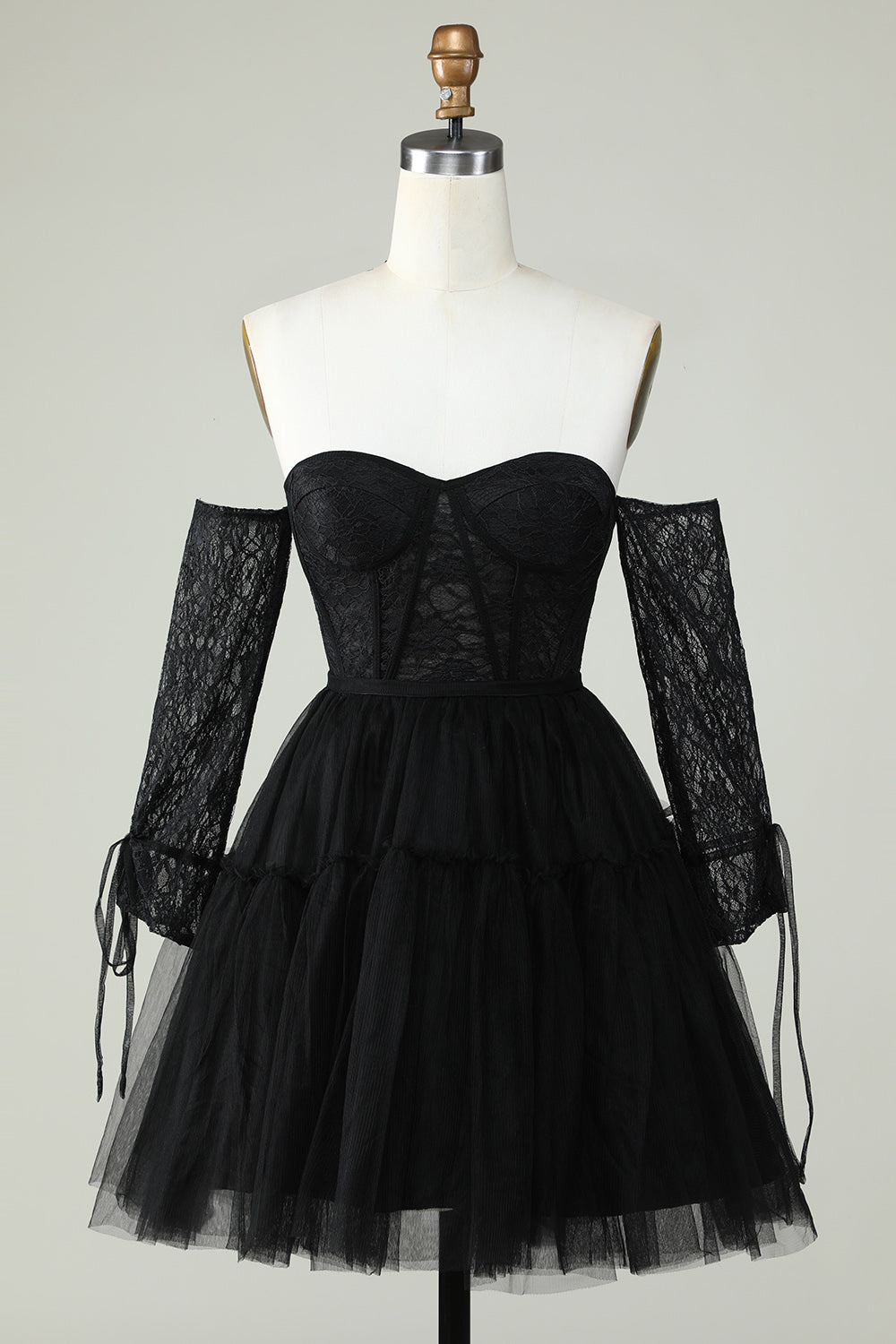 Off the Shoulder A Line Black Corset Homecoming Dress with Lace Long Sleeves Prom Cocktail Gowns