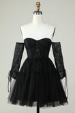 Off the Shoulder A Line Black Corset Homecoming Dress with Lace Long Sleeves Prom Cocktail Gowns
