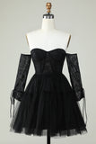 Off the Shoulder A Line Black Corset Homecoming Dress with Lace Long Sleeves Prom Cocktail Gowns