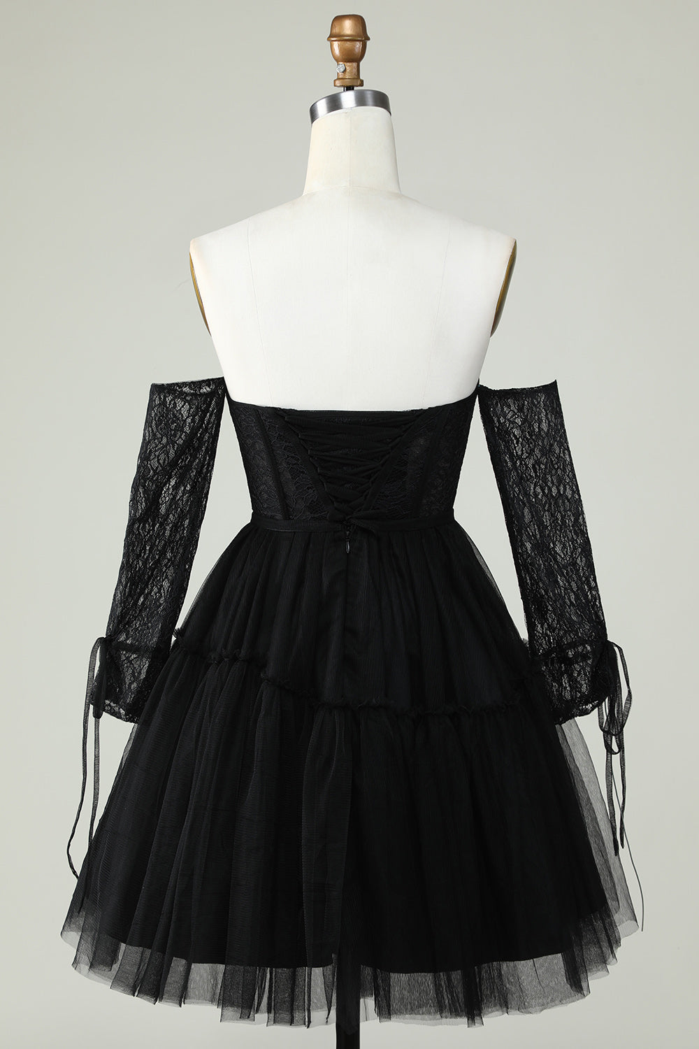 Off the Shoulder A Line Black Corset Homecoming Dress with Lace Long Sleeves Prom Cocktail Gowns