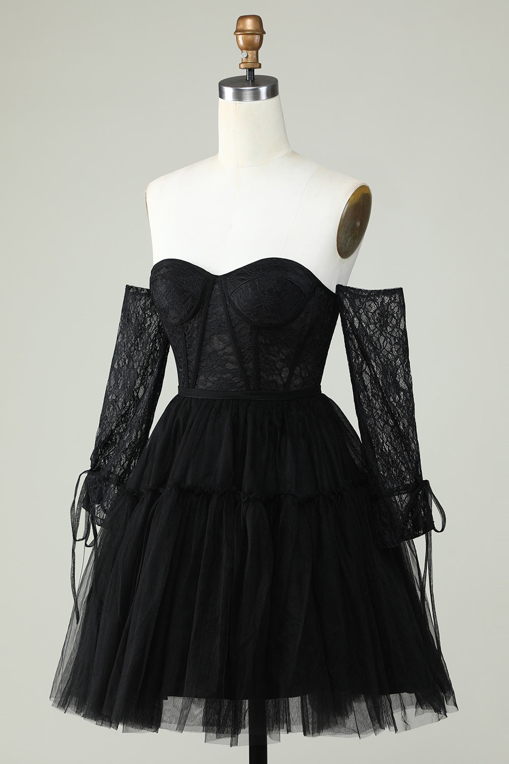 Off the Shoulder A Line Black Corset Homecoming Dress with Lace Long Sleeves Prom Cocktail Gowns