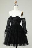 Off the Shoulder A Line Black Corset Homecoming Dress with Lace Long Sleeves Prom Cocktail Gowns
