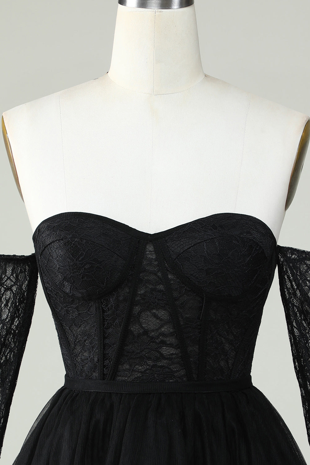 Off the Shoulder A Line Black Corset Homecoming Dress with Lace Long Sleeves Prom Cocktail Gowns