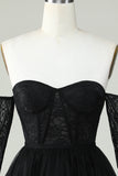 Off the Shoulder A Line Black Corset Homecoming Dress with Lace Long Sleeves Prom Cocktail Gowns