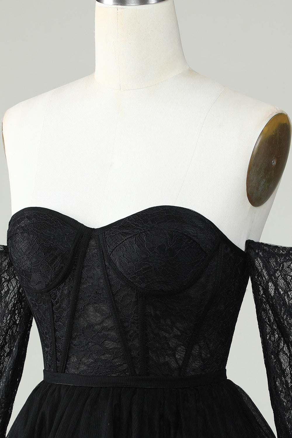 Off the Shoulder A Line Black Corset Homecoming Dress with Lace Long Sleeves Prom Cocktail Gowns