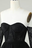 Off the Shoulder A Line Black Corset Homecoming Dress with Lace Long Sleeves Prom Cocktail Gowns