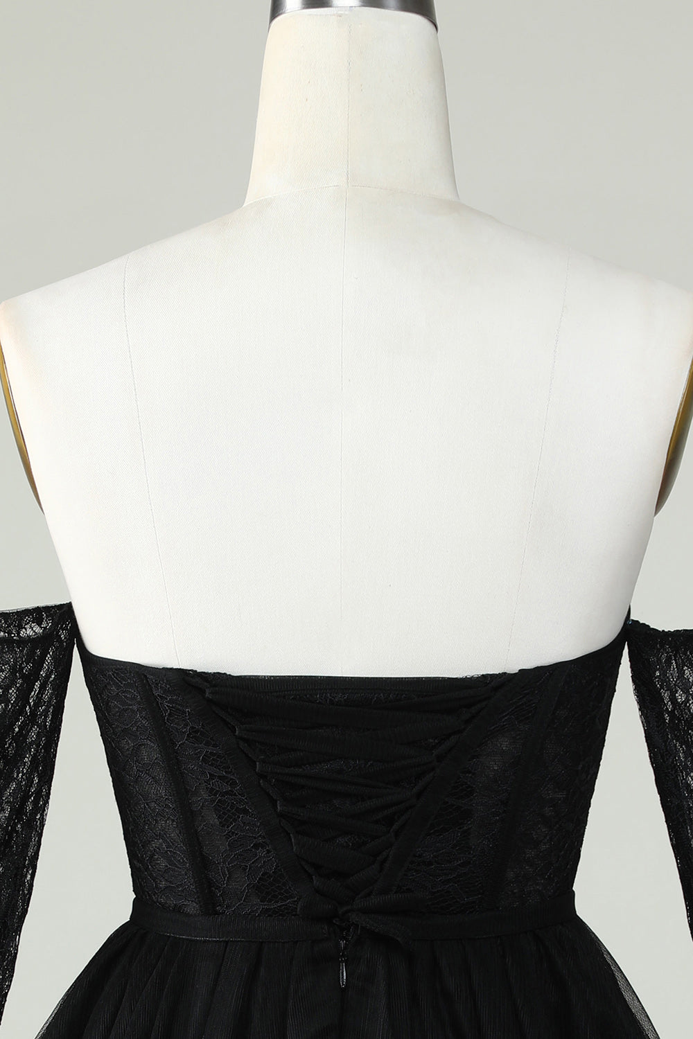Off the Shoulder A Line Black Corset Homecoming Dress with Lace Long Sleeves Prom Cocktail Gowns
