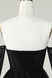 Off the Shoulder A Line Black Corset Homecoming Dress with Lace Long Sleeves Prom Cocktail Gowns