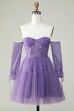 Off the Shoulder A Line Black Corset Homecoming Dress with Lace Long Sleeves Prom Cocktail Gowns