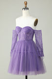 Off the Shoulder A Line Black Corset Homecoming Dress with Lace Long Sleeves Prom Cocktail Gowns