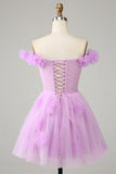 Cute A Line Off the Shoulder Lavender Short Homecoming Dress with Flowers Prom Cocktail Dresses
