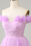 Cute A Line Off the Shoulder Lavender Short Homecoming Dress with Flowers Prom Cocktail Dresses