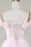 Cute A Line Off the Shoulder Pink Short Homecoming Dress with Flowers Prom Cocktail Dresses