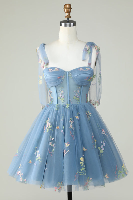 Vestido de fiesta azul con corsé en forma de A y bordado para cóctel