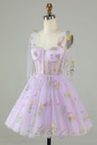 Blue A-Line Corset Homecoming Dress with Embroidered Prom Cocktail Dresses