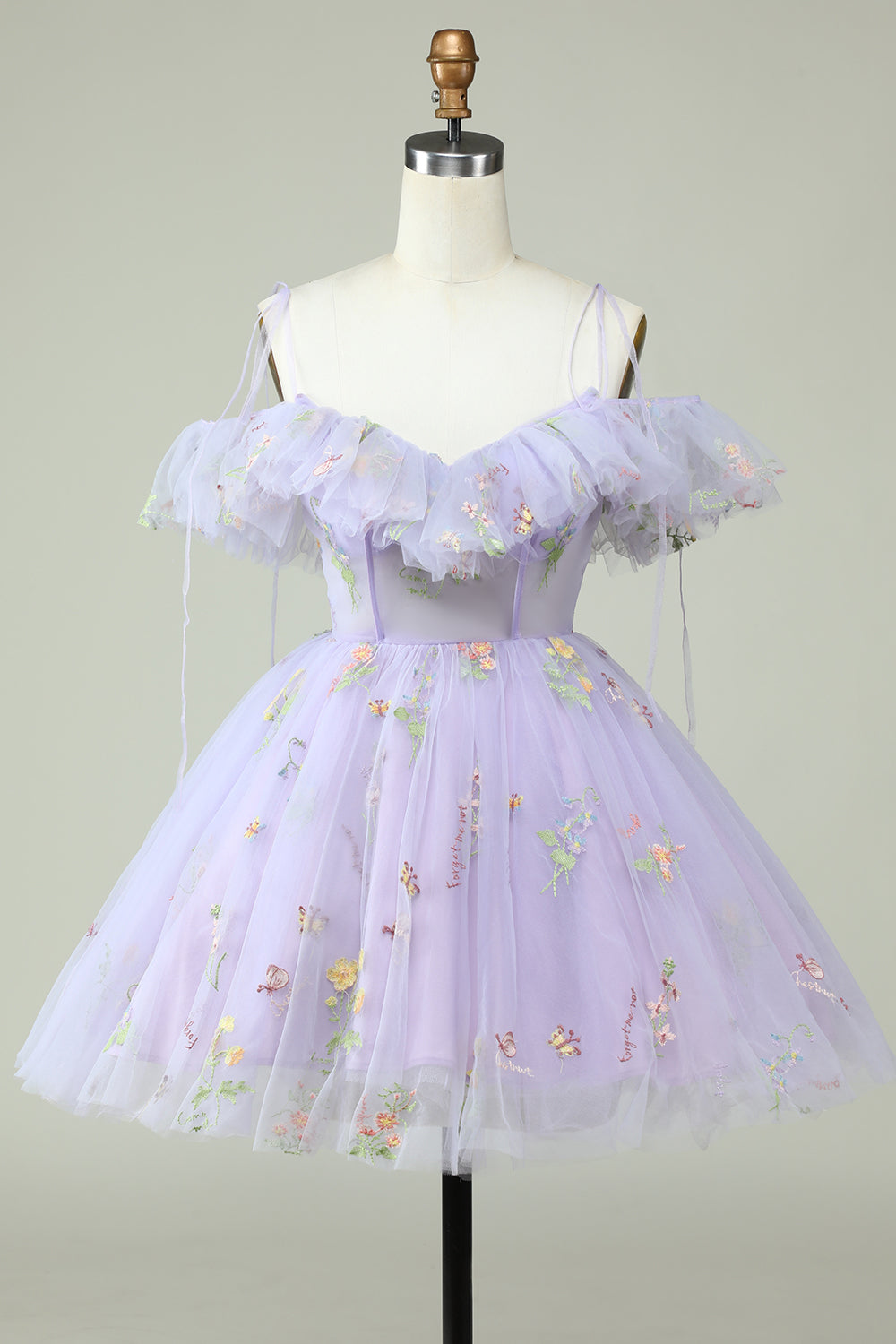 Off the Shoulder Lavender Embroidery Homecoming Dress with Ruffles Prom Cocktail Dresses