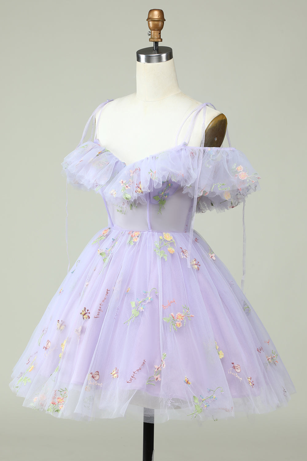 Off the Shoulder Lavender Embroidery Homecoming Dress with Ruffles Prom Cocktail Dresses