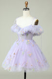 Off the Shoulder Lavender Embroidery Homecoming Dress with Ruffles Prom Cocktail Dresses