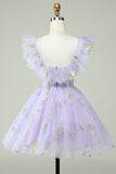 Off the Shoulder Lavender Embroidery Homecoming Dress with Ruffles Prom Cocktail Dresses