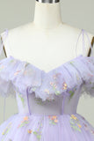 Off the Shoulder Lavender Embroidery Homecoming Dress with Ruffles Prom Cocktail Dresses