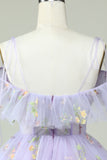 Off the Shoulder Lavender Embroidery Homecoming Dress with Ruffles Prom Cocktail Dresses