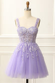 A Line Lilac Mini Corset Homecoming Dress with Appliques Prom Cocktail Dresses