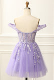 A Line Lilac Mini Corset Homecoming Dress with Appliques Prom Cocktail Dresses
