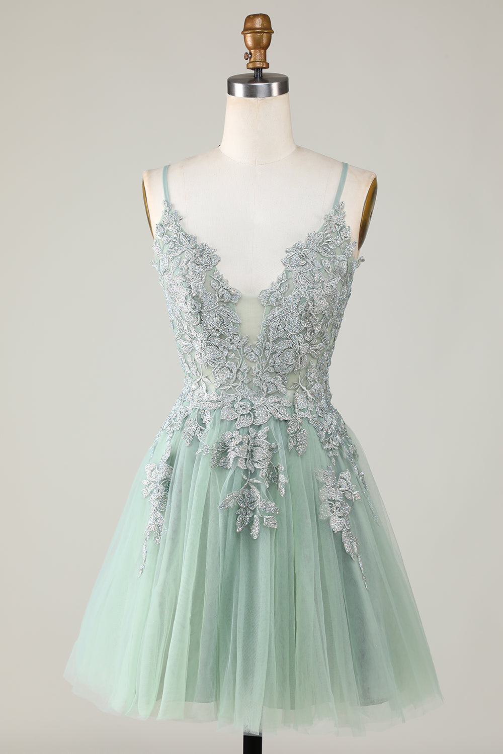 Stylish A Line Spaghetti Straps Green Short Homecoming Dress with Appliques Prom Cocktail Dresses