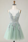 Stylish A Line Spaghetti Straps Green Short Homecoming Dress with Appliques Prom Cocktail Dresses